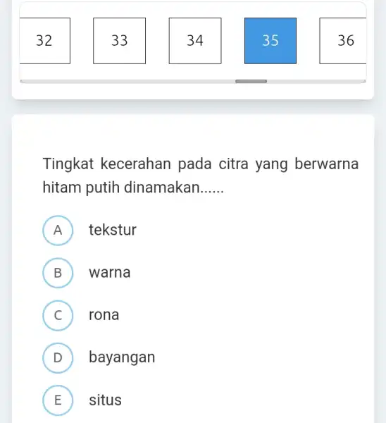 32 Tingkat kecerahan pada citra yang berwarna hitam putih dinamakan __ A tekstur B warna C rona D ) bayangan E situs L 3