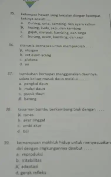 35. kelompok hewan yang berjalan dengan keempat kakinya adalah __ a. burung, unta, kambing, dan ayam kalkun kucing, kuda, sapi dan kambing c. gajah,