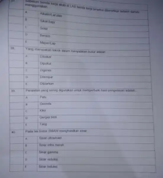 37. square menggunakan __ a kerja akan di LAS benda kerja tersebut dibersihkan terlebih dahulu A Alkalin/Larutan square Sikat baja square C Solar square