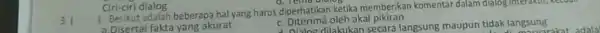 3. beberapa hal yang harus diperhatikan ketika memberikan komentar dalam dialog interaktif,recoun a.Disertai fakta yang akurat c. Diterima oleh akal pikiran a Dialog dilakukan