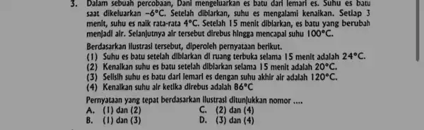 3.Dalam sebuah percobaan,, Dani mengeluarkan es batu dari lemari es.Suhu es batu saat dikeluarkan -6^circ C Setelah dibiarkan, suhu es mengalami kenaikan . Setiap