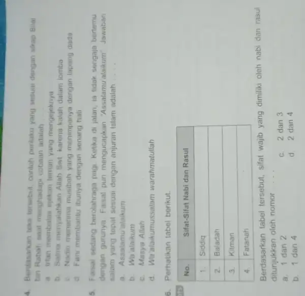 4. Berdasarkan teks tersebut, contoh perilaku yang sesuai dengan sikap Bilai bin Rabah saat menghadapi cobaan adalah a. Irfan membalas ejekan teman yang mengejeknya