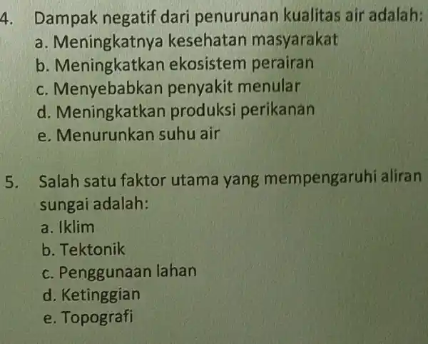 4. Dampak negatif dari penurunar kualitas air adalah: a. Meningkatnya kesehatan masyarakat b. Meningk atkan ekosistem perairan c. Menyebabkar penyakit menular d. Meningkatkar produksi