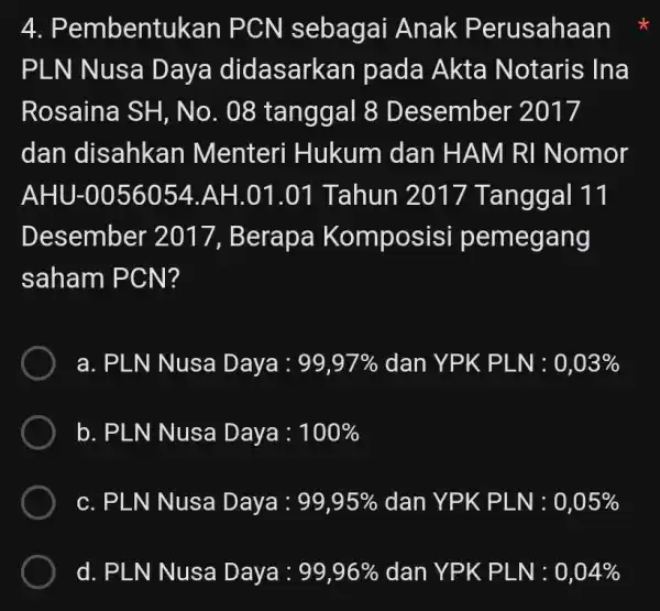 4 . Pembentukan PCN sebagai Anak Perusahaan PLN Nusa Daya didasarkan pada Akta Notaris Ina Rosaina SH , No. 08 tanggal 8 Desember 2017