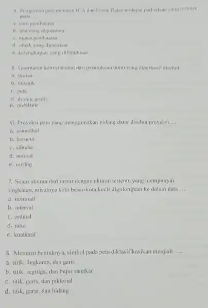 4. Pengertian peta menunit ICA dan Frwin Raisz terdapat perbedaan yang terletak pada __ a. cara pembuatan b. alat yang digunakan c. tujuan pembuatan