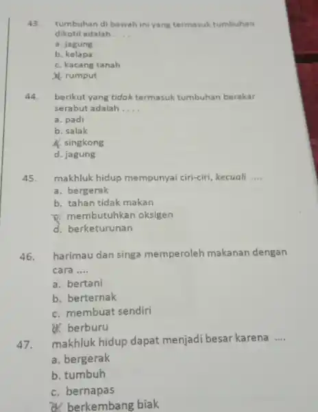 43. tumbuhan di bawah ini yang termasuk tumbuhan dikotil adalah __ a. jagung b. kelapa C. kacang tanah d. rumput 44 berikut yang tidak