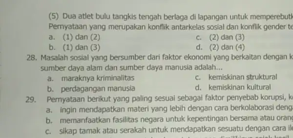 (5) Dua atlet bulu tangkis tengah berlaga di lapangan untuk memperebuth Pernyataan yang merupakan konflik antarkelas sosial dan konflik gender te a. (1) dan