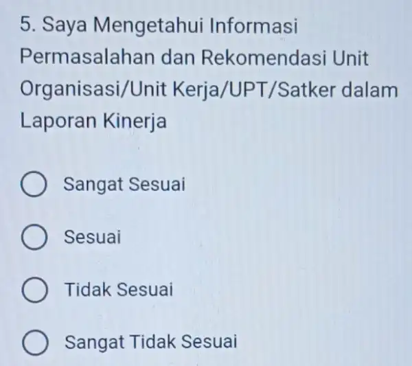 5. Saya Mengetahui Informasi Permasalahan dan Rekomen dasi Unit Organisasi/Unit Kerja/UPT /Satker dalam Laporan Kinerja Sangat Sesuai Sesuai Tidak Sesuai Sangat Tidak Sesuai