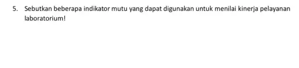 5. Sebutkan beberapa indikator mutu yang dapat digunakan untuk menilai kinerja pelayanan laboratorium!