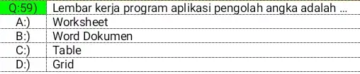 59) Lembar kerja program aplikasi pengolah angka adalah A:) Worksheet B:) Word Dokumen C:) Table D:) Grid