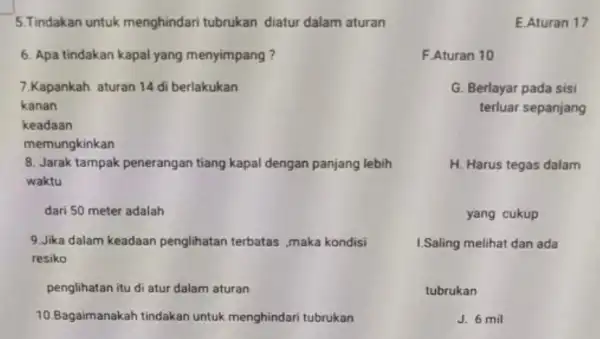 5.Tindakan untuk menghindari tubrukan diatur dalam aturan E.Aturan 17 6. Apa tindakan kapal yang menyimpang? 7.Kapankah aturan 14 di berlakukan kanan keadaan memungkinkan 8.