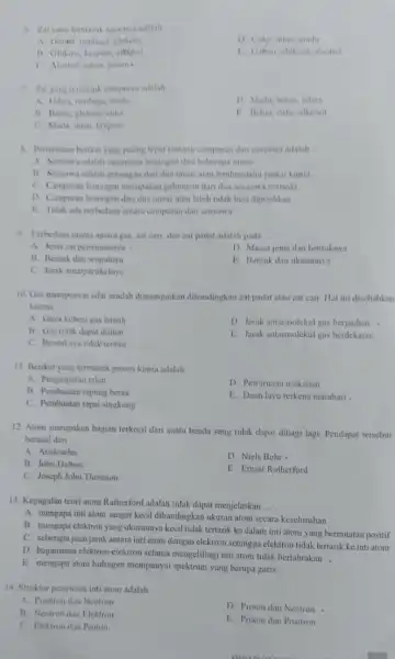 6. Zat yang termasuk senyawa adalah __ A. Garam, tembaga, glukosa D. Cuka, intan, madu B. Glukosa, krypton, alkohol E. Gakam, glukosa, alcohol C.