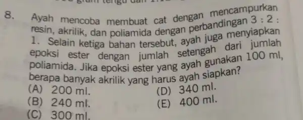 8. Ayah mencoba cat dengan mencampurkar 3:2: resin , akrilik, dan poliamida dengan perbana menyiapkan 1. Selain ketiga bahan tersebut pollamic ester dengan setengah