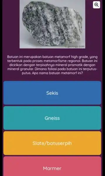 (A) Batuan ini merupakan batuan metamorf high grade, yang terbentuk pada proses metamorfisme regional Batuan ini dicirikan dengan terpisahnya mineral prismatik dengan mineral granular.