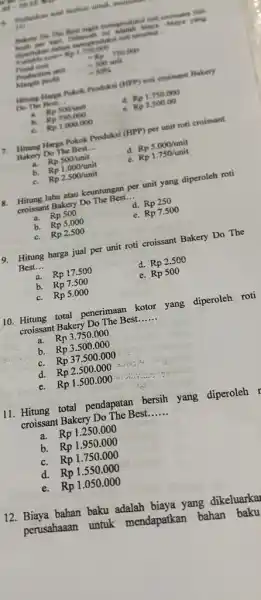 amazing Vistilite come Rp 1.796.000 newhat i Trund and Production inil - Rp 780000 =500unit profit =50% Hining Harge Pokek Produksi (1(P) roti croimant