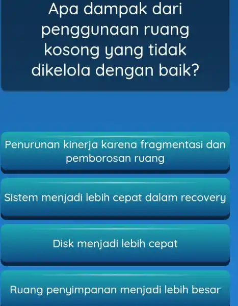 Apa dampak dari penggunaan ruang kosong yang tidak dikelola dengan baik? Penurunan kinerja karena fragmentas dan pemborosan ruang Sistem menjadi lebih cepat dalam recovery