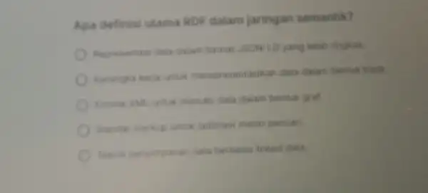 Apa definisi utama RDF dalam jaringan semantik? Ropresantasi data dialam format JSON-LD yang watch ringkas. Karangka karia untuk merepresentasikan data dalam bentuk tripis Format