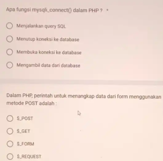 Apa fungsi mysqli.connect(dalam PHP? Menjalankan query SQL Menutup koneksi ke database Membuka koneksi ke database Mengambil data dari database Dalam PHP, perintah untuk menangkap