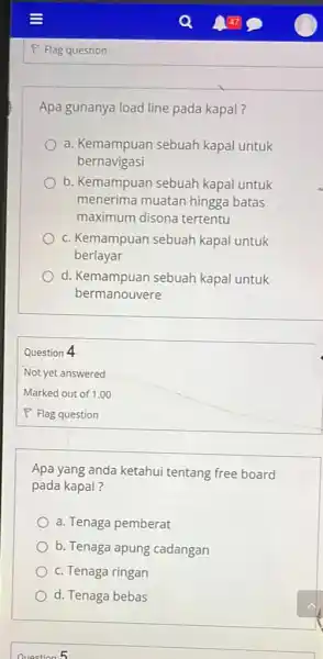 Apa gunanya load line pada kapal? a. Kemampuan sebuah kapal untuk bernavigasi b. Kemampuan sebuah kapal untuk menerima muatan hingga batas maximum disona tertentu