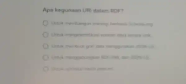 Apa kegunaan UR dalam RDF? Untuk membangur omotogi berbasis Schema org Unik mengidentifikas number deve secare unik Untuk membuat gral dete menggumakan asonia Unik