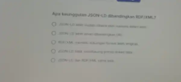 Apa keunggulan JSON -LD dibandingkan RDF/XML 35ON-LD lebih mudah dibaca oleh manusia dalam weh JSON-LD lebih amar dibandingkan UR RDF/KML memiliki dukungar format lethih