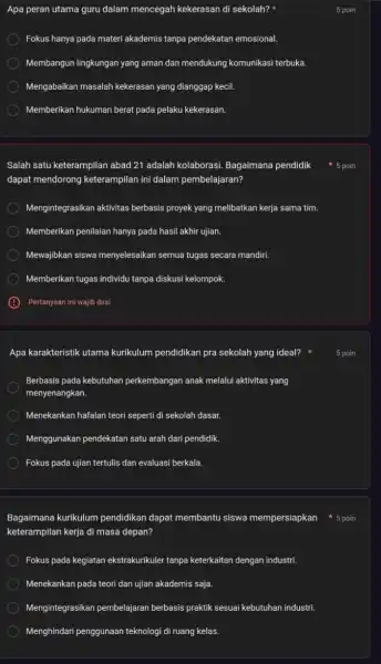 Apa peran utama guru dalam mencegah kekerasan di sekolah? ak Fokus hanya pada materi akademis tanpa pendekatan emosional. Membangun lingkungan yang aman dan mendukung