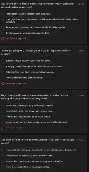 Apa tantangan utama dalam memastikan relevans kurikulum pendidikan dengan kebutuhan pasar kerja? Penggunaan teknologi canggih dalam dunia kerja. Kurangnya koordinasi antara dunia pendidikan dan