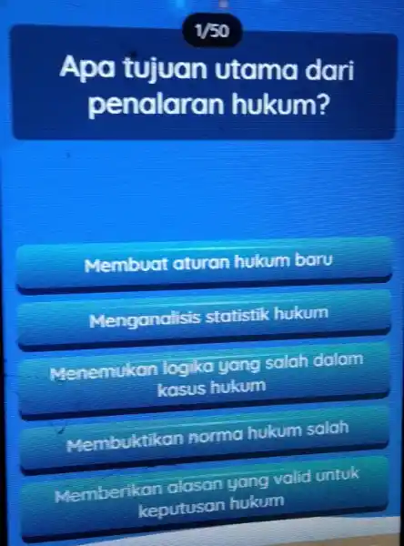 Apa utama dari penalaran hukum? Membuat aturon hukum ban Mengonolisis statistik hukum Menemukon logika yang salah dalam kosus hukum Membuktikan norma hukum salah Memberikon