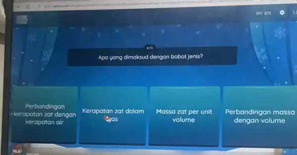 Apa yang dimaksud dengan an bobot jenis? Perbandingan kerapatan zat dengan kerapatan air Kerapatan zat dalam gas Massa zat per unit volume Perbandingan massa