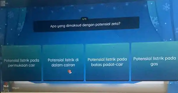 Apa yang dimaksud dengan potensial zeta? Potensial listrik pada permukaan cair square Potensial listrik di Potensial listrik pada batas padat-cair Potensial listrik pada gas