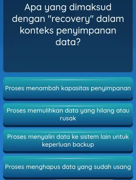 Apa yang dimaksud dengan dalam konteks penyimpanan data? Proses menambah kapasitas penyimpanan Proses memulihkar data yang hilang atau rusak Proses menyalin dato ke sistem