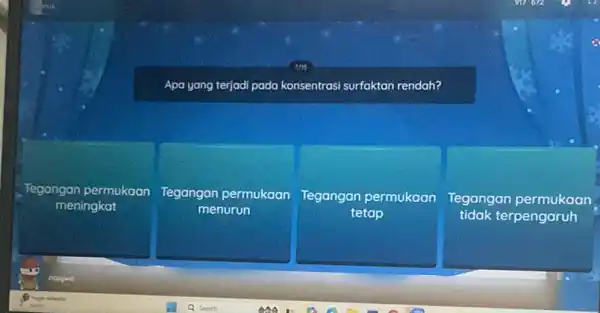 Apa yang terjadi pada konsentrasi surfaktan rendah? Tegangan permukaan meningkat Tegangan permukaan menurun Tegangan permukaan tetap Tegangan permukaan tidak terpengaruh