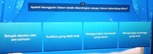 Apakah keunggulan Siskom Sateli dibandingkan dengan Siskom Gelombang Mikro? Banyak dipakai oleh perusahaan Kualitas yang lebih baik Menggunakan bandwidh yang besa Mempunya i coverage