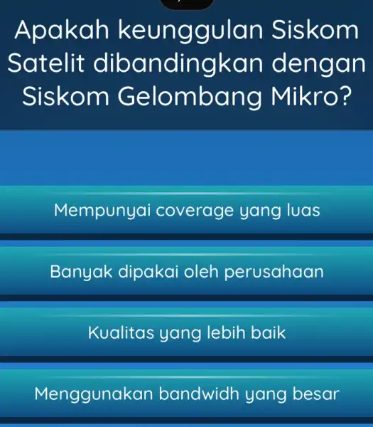 Apakah keuno Igulan Siskom Satelit dibandingkan dengan Siskom Mikro? Mempunyai coverage yang luas Banyak dipakai oleh perusahaan Kualitas yang I lebih baik Menggunakan bandwidr