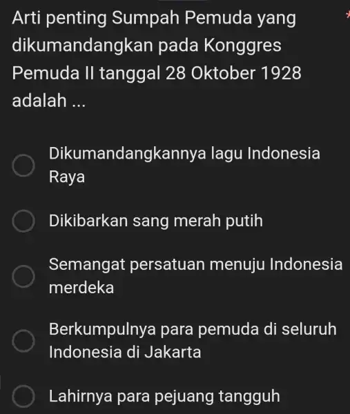 Arti penting Sumpah Pemuda yang dikumandangkan pada Konggres Pemuda II tanggal 28 Oktober 1928 adalah __ Dikumandangkannya lagu Indonesia Raya Dikibarkan sang merah putih