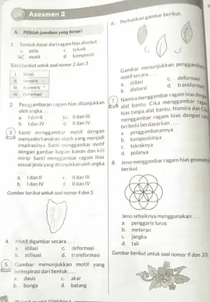 Asesmen 2 A. Pilihlah jawaban yang benar! 1. Bentuk dasar dari ragam hias disebut a. pola c. teknik * motif d. komposisi Tabel berikut