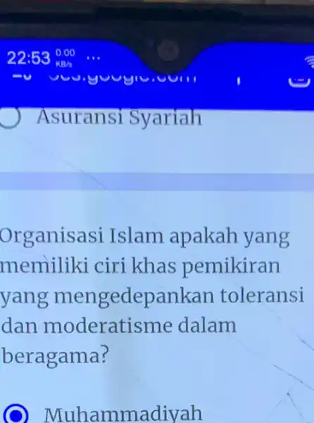 Asur ansi Sya riah Organisasi Islam apakah yang memiliki ciri khas pemikiran yang mengedepankan toleransi dan moderatisme dalam beragama? Muhamr nadiyah