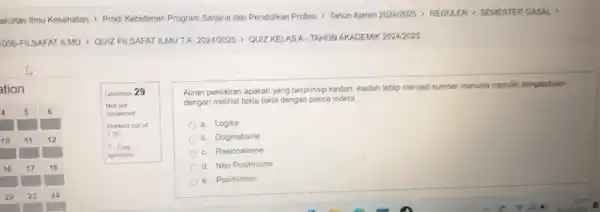 ation Question 29 Not yet answered Marked out of 1.00 P Flag question Aliran pemikiran apakah yang berprinsip kaidah-kaidah tetap menjadi sumber manusia memilik