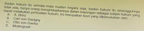 Badan hukum itu semata negara saja, badan hukum itu sesungguhnya tidak ada, hanya orang menghidupkannya dalam bayangan sobagai subjek hukum yang dapat melakukan perbuatan