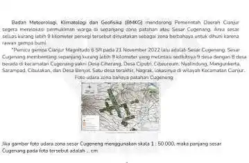 Badan Meteorologi, Kimstologi dan Geofska (BMKG) mendorong Pemerintah Dserah Cianju segera merelokasi permukiman warga di sepanjang zona patahan atau Sesar Cugenang. Area usy seluas