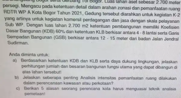 Baranangsiang Dogor sella Geroang Tol Bogor. Luas lahan aset sebesar 2.700 meter persegi . Mengacu pada ketentuan detail dalam arahan zonasi dan pemanfaatar ruang