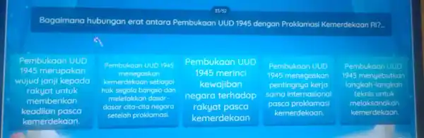 BC gaimana hubu ngan erat antaro Pembuk aan UU D 1945 d engan Proklan nasi Ker nerdekaan RI?... Pembuko on UUD 1945 merupakan wujud