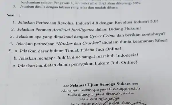 berdasarkan catatan Pengawas Ujian maki nilai UAS akan dikurangi 50% 3. Jawaban ditulis dengan tulisan yang jelas dan mudah dibaca. Soal 1. Jelaskan Perbedaan