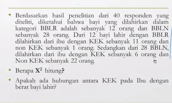 __ Berdasarkan hasil penelitian dari 40 responden yang diteliti, diketahui bahwa bayi yang dalam kategori BBLR adalah sebanyak 12 orang dan BBLN sebanyak 28