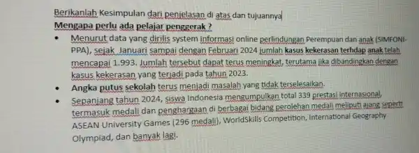 Berikanlah Kesimpulan dari penjelasan di atas dan tujuannya Mengapa perlu ada pelajar penggerak? Menurut data yang dirilis system informas online perlindunga 1 Perempuan dan