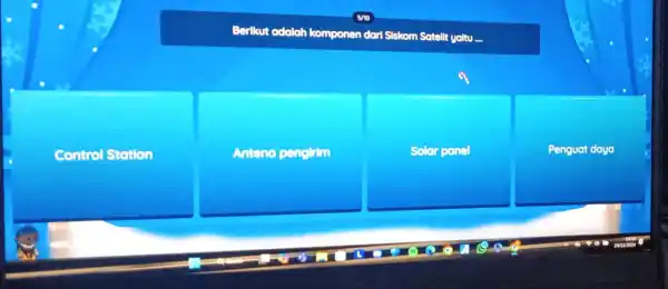 Berikut adalah komponen dari Siskom Satellt yaltu Control Station Anteno penglim Solor ponel Penguat daya