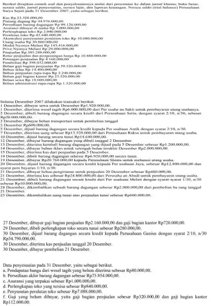 Berikut disajikan contoh soal dan penyelesaiannya mulai dari pencatatan ke dalam jurnal khusus buku besar, neraca saldo, jurnal neraca lajur, dan laporar keuangan. Neraca