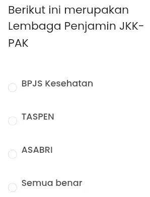 Berikut ini merupakan Lembaga Penjamin JKK- PAK BPJS Kesehatan TASPEN ASABRI Semua benar