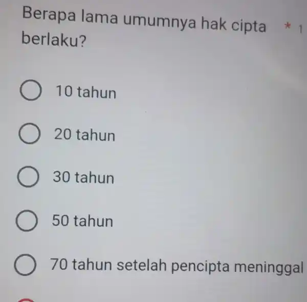 berlaku? 10 tahun 20 tahun 30 tahun 50 tahun 70 tahun setelah pencipta meninggal Berapa lama umumnya hak cipta