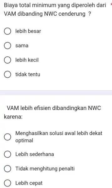 Biaya total minimum yang I diperoleh dari VAM dibanding NWC cenderung ? lebih besar sama lebih kecil tidak tentu VAM lebih efisien dibandingkar INWC